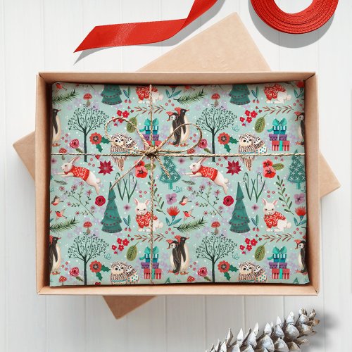 Winter Woodland Blue  red Animals forest pattern Tissue Paper