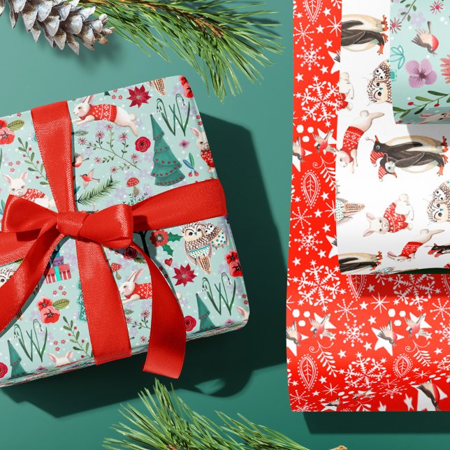 Winter Woodland Blue & red Animals forest pattern Wrapping Paper Sheets (Cute woodland animals and Penguins Christmas Holiday wrapping paper)