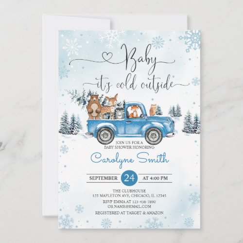 Winter Woodland Blue Truck Baby Shower Invitation