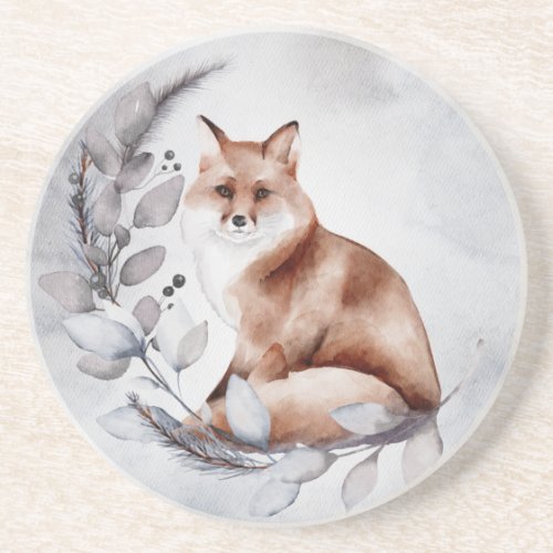 Winter Woodland Brown Fox with Gray Wreath Coaster