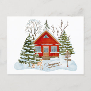 Winter Woodland Cabin and Forest Visitors  Postcard