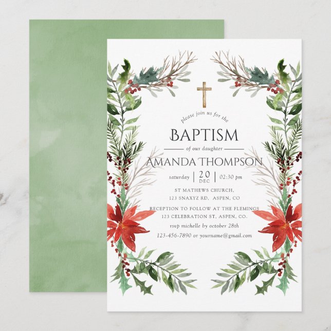 Winter Woodland Christmas Baptism or Christening Invitation (Front/Back)