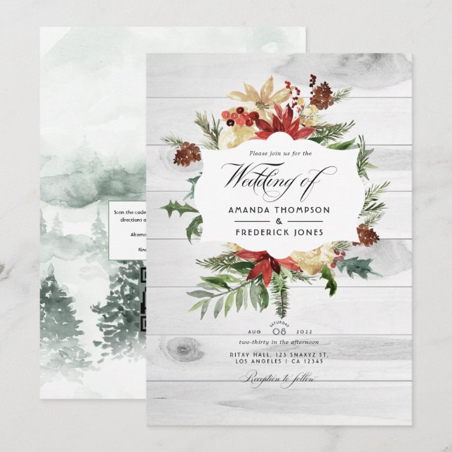 Winter Woodland Christmas Rustic QR Code Wedding Invitation (Front/Back)