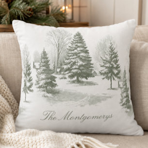 Winter Woodland Christmas Tree Pine Monogram Throw Pillow