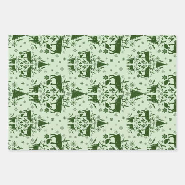 Winter Woodland Damask w/ reindeer & fir trees  Wrapping Paper Sheets (Front)