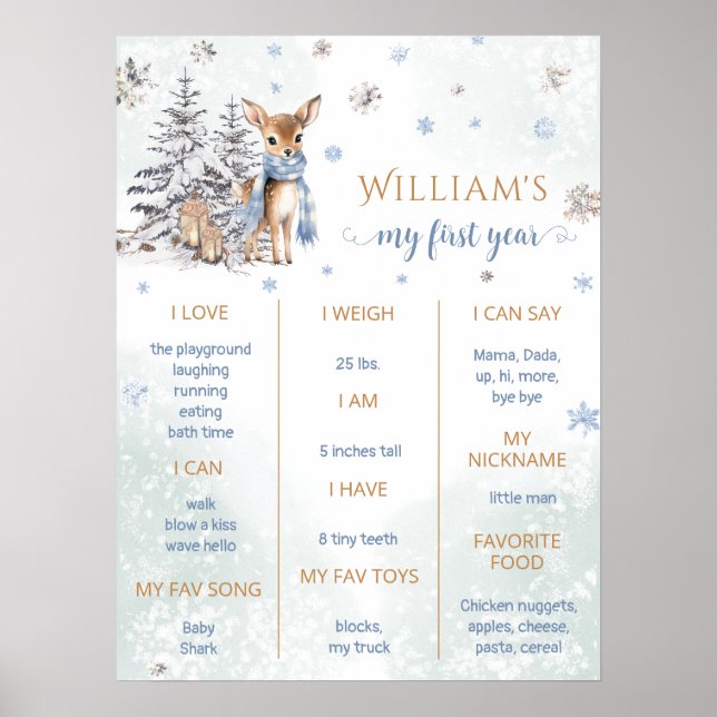 Winter Woodland Dee First Birthday Party Milestone Poster (Front)