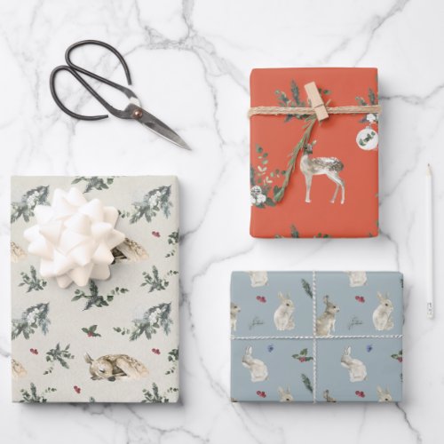 Winter Woodland Deer and Bunny Rabbit Pattern Wrapping Paper Sheets