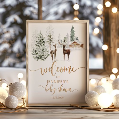 Winter woodland deer baby shower welcome poster