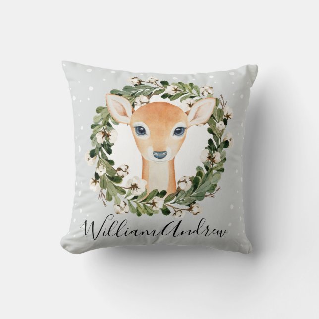 Winter Woodland Deer Botanical Floral Wreath Fawn Throw Pillow (Front)