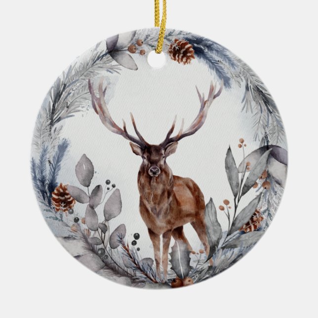 Winter Woodland Deer  Ceramic Ornament (Front)