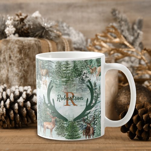 Winter Woodland Deer Christmas Monogram Coffee Mug