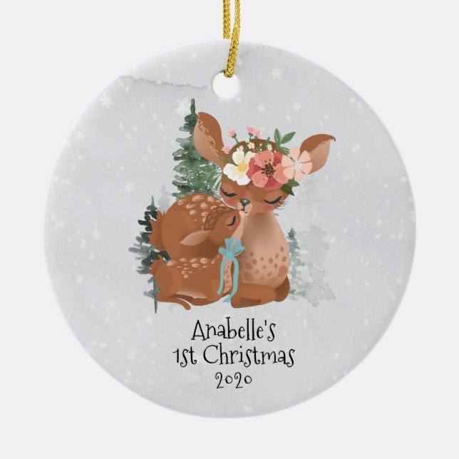 Winter Woodland Deer Mama Baby 1st Christmas Ceramic Ornament (Front)