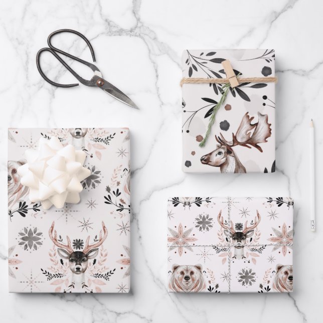 Winter Woodland Deer Modern Botanical Watercolor Wrapping Paper Sheets (Front)