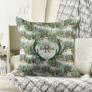 Winter Woodland Deer Monogram Christmas Throw Pillow