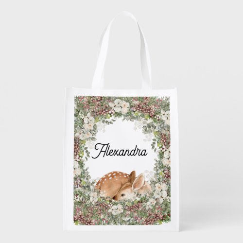 Winter Woodland Deer Monogram Name Reusable Bag