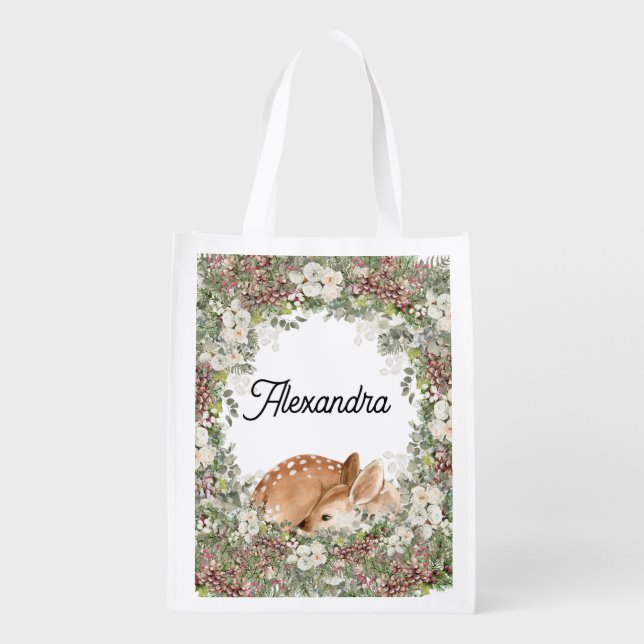 Winter Woodland Deer Monogram Name Reusable Bag (Back)