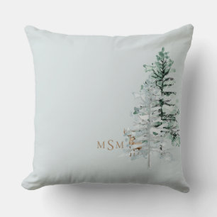 Winter Woodland Deer Monogram Sea Glass Throw Pillow
