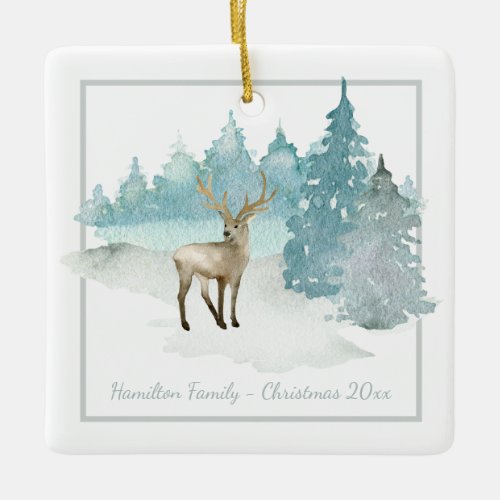 Winter Woodland Deer Personalized Christmas Ceramic Ornament