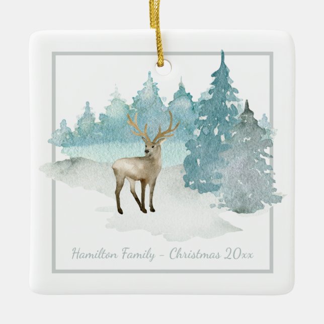 Winter Woodland Deer Personalized Christmas Ceramic Ornament (Front)