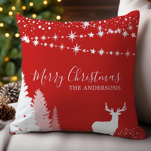 Winter Woodland Deer Red Family Christmas Throw Pillow