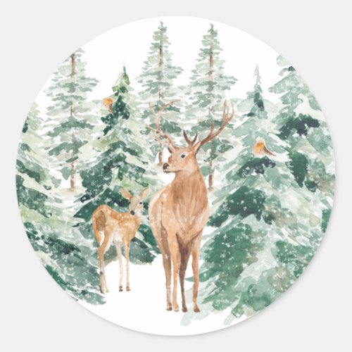 Winter Woodland Deer Rustic Christmas Classic Round Sticker