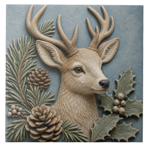 Winter Woodland Deer with Holly & Pine Cones Ceramic Tile