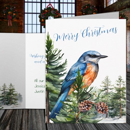 Winter Woodland Eastern Bluebird Pine Tree Forest Holiday Card