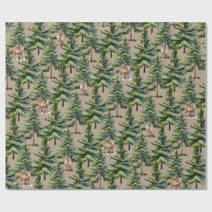 Winter Woodland Fir Tree Forest Stag Deer Kraft Wrapping Paper