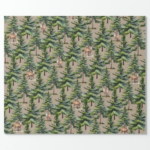 Winter Woodland Fir Tree Forest Stag Deer Kraft Wrapping Paper