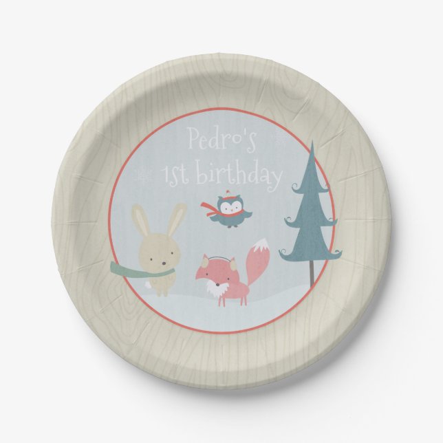 Winter Woodland First Birthday Forest Animals Boy Paper Plates (Front)