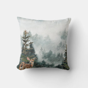 Winter Woodland Foggy Mountain Forest Doe Throw Pillow
