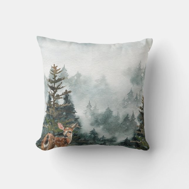 Winter Woodland Foggy Mountain Forest Doe Throw Pillow (Front)