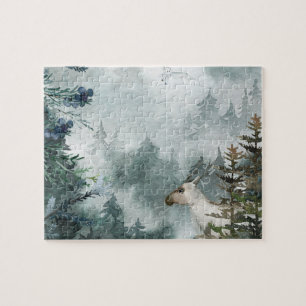 Winter Woodland Foggy Mountain Forest Young Stag Jigsaw Puzzle