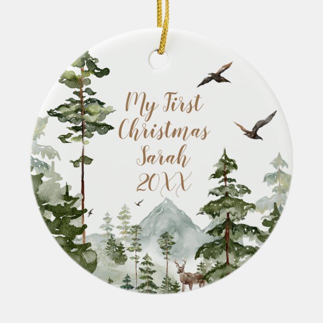 Winter Woodland Forest 1st Christmas Ceramic Ornament (Front)