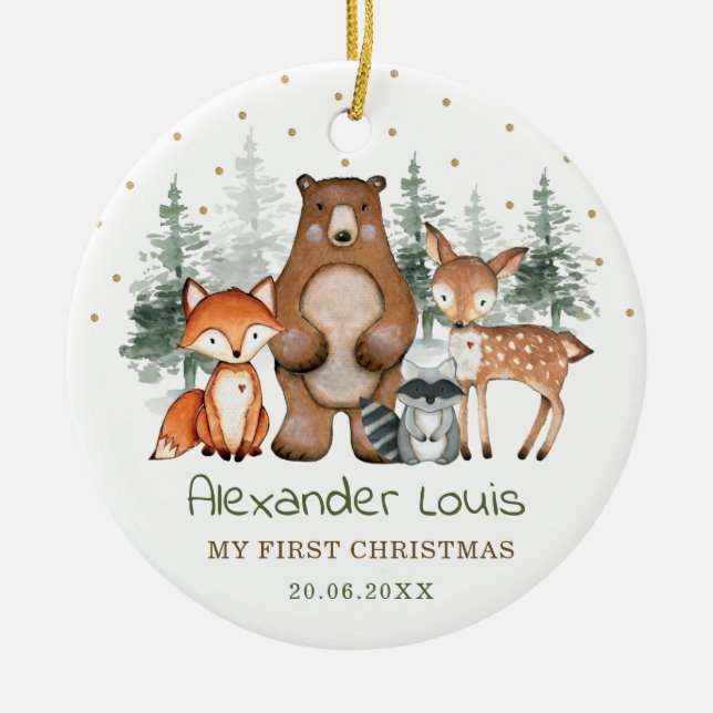 Winter Woodland Forest Animals Baby 1st Christmas Ceramic Ornament (Front)