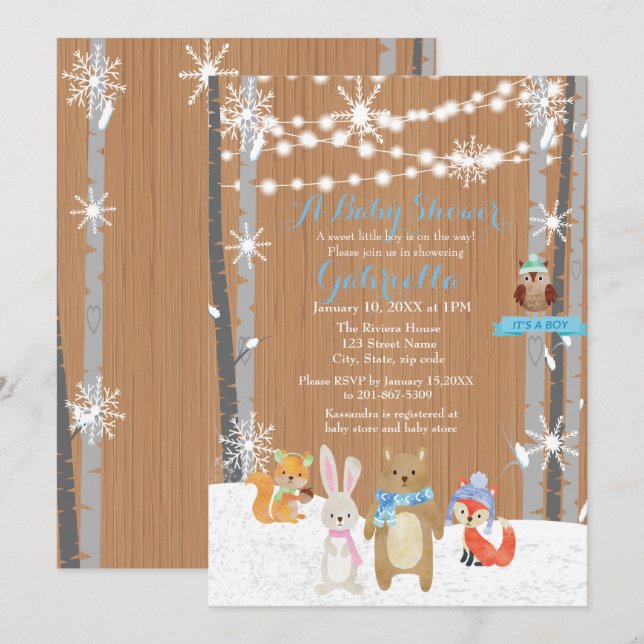 Winter Woodland Forest Baby Boy Shower Invitation (Front/Back)