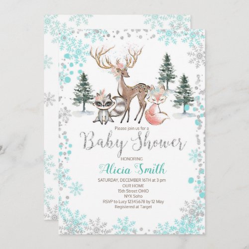 Winter Woodland Forest Baby Girl Shower Invitation