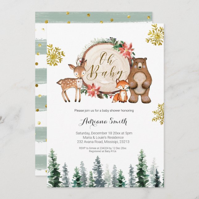 Winter woodland forest baby shower invitation (Front/Back)