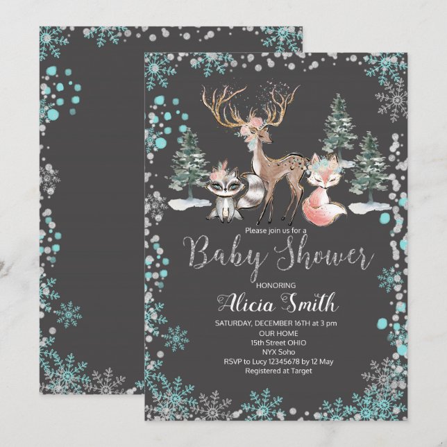 Winter Woodland Forest Baby Shower Invitation Mint (Front/Back)