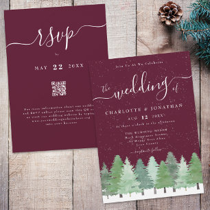 Winter Woodland Forest Burgundy Wedding Qr Code  Invitation
