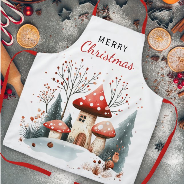 Winter Woodland Forest Mushrooms Merry Christmas  Apron (Creator Uploaded)