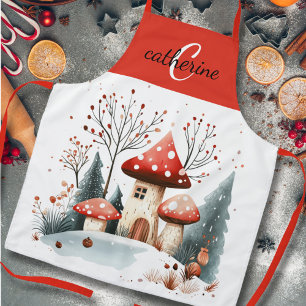 Winter Woodland Forest Mushrooms Monogram Name Apron