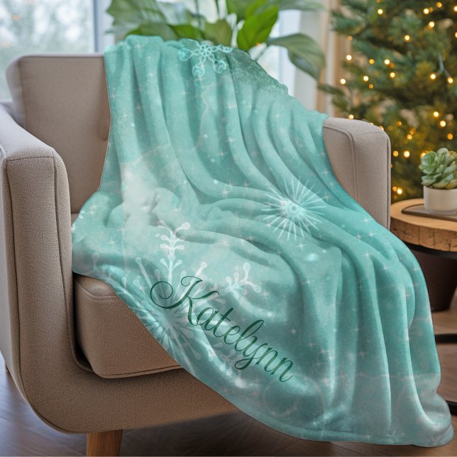 Winter Woodland Forest Snowflake Personalized Sherpa Blanket (Elegant Winter Woodland Snowflake Christmas Personalized Name Fleece Blanket)