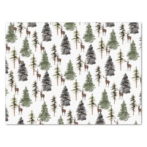Winter Woodland Forest Snowy Spruce Tree And Stags Tissue Paper
