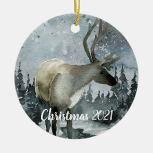 Winter Woodland Forest Stag Reindeer Ceramic Ornament