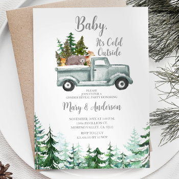 Winter Woodland Forest Truck Animal Gender Reveal Invitation by HappyPartyStudio at Zazzle
