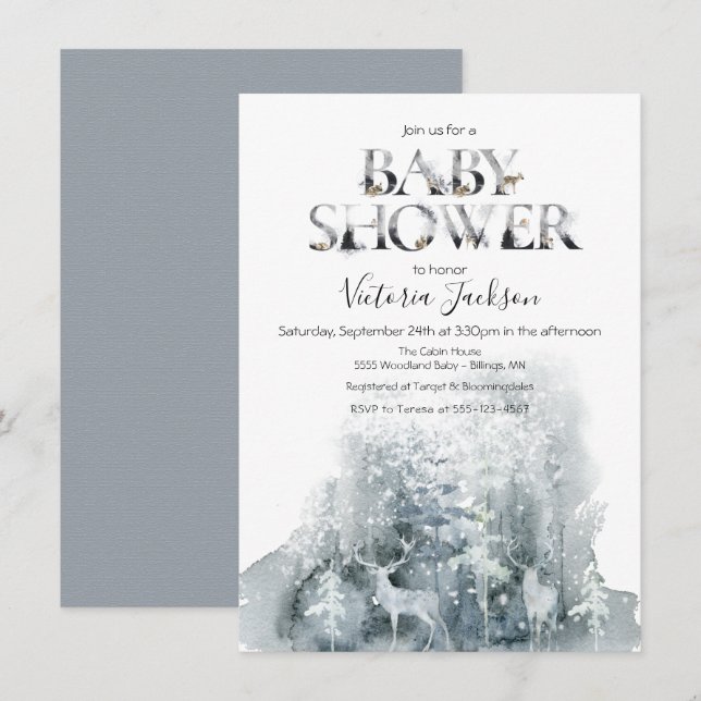 Winter woodland forest watercolor baby shower invitation (Front/Back)