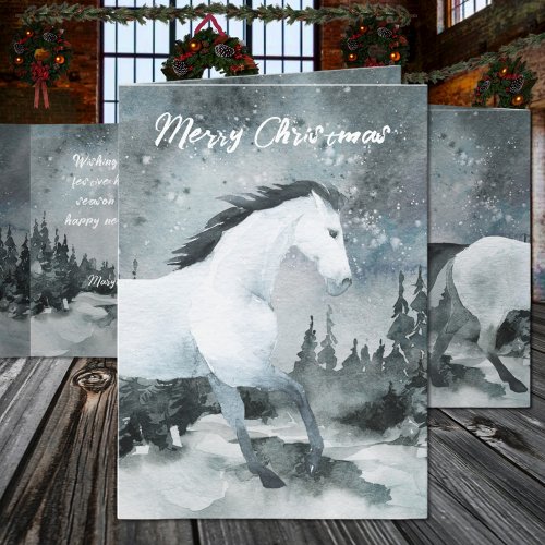 Winter Woodland Forest White Horse Merry Christmas Holiday Card