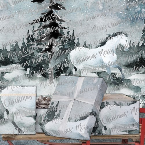 Winter Woodland Forest White Horse Merry Christmas Wrapping Paper