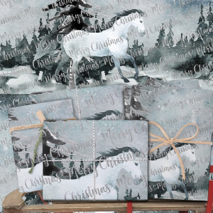 Winter Woodland Forest White Horse Merry Christmas Wrapping Paper Sheets